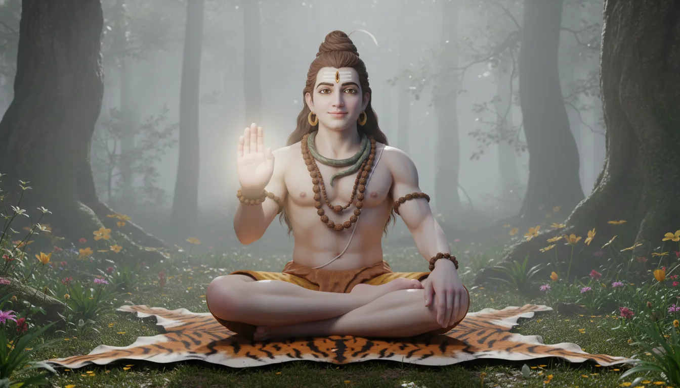Mahadev hd wallpaper 3d presenting Lord Shiva in a peaceful blessing posture with a smiling and kind face.