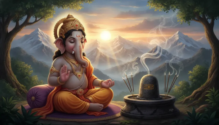 Bal Ganesh sitting in meditation next to a glowing stone Shivling.