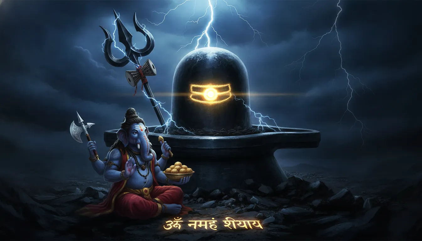 Divine scene featuring Lord Ganesh, a sacred Shivling, and Lord Shiva's Trishul.