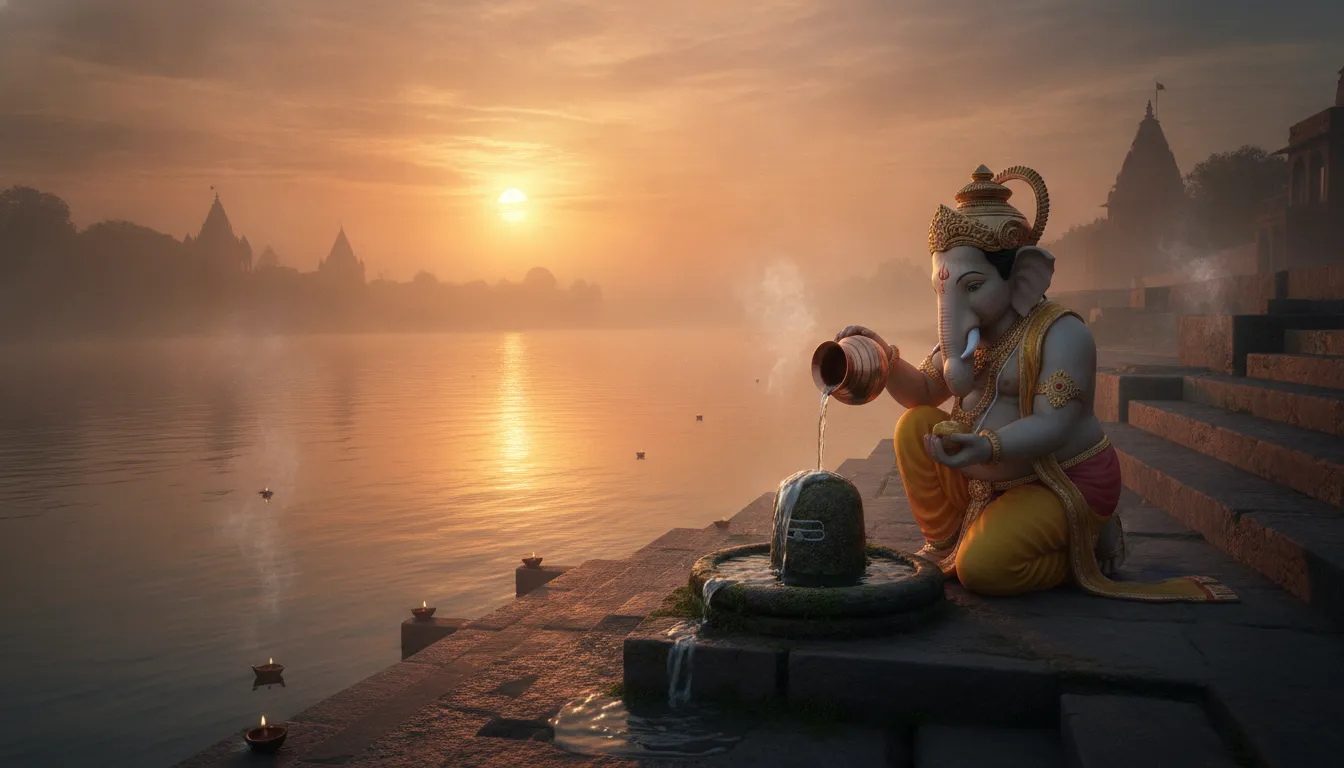 Spiritual scene of Lord Ganesha pouring holy water from a metallic pot over a Shivling at a misty riverbank during sunrise