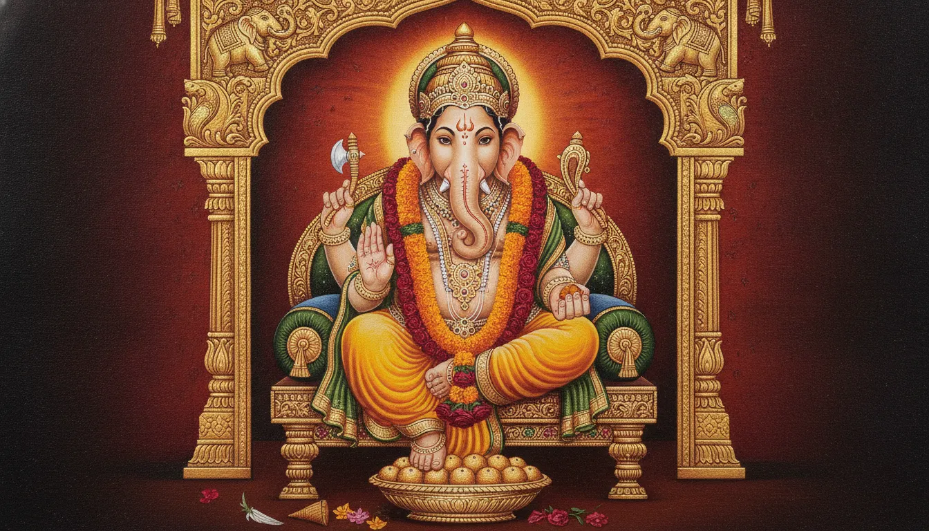 An ornate traditional Mysore style painting of Lord Ganesha seated on a golden throne with rich jewelry and modak offerings.