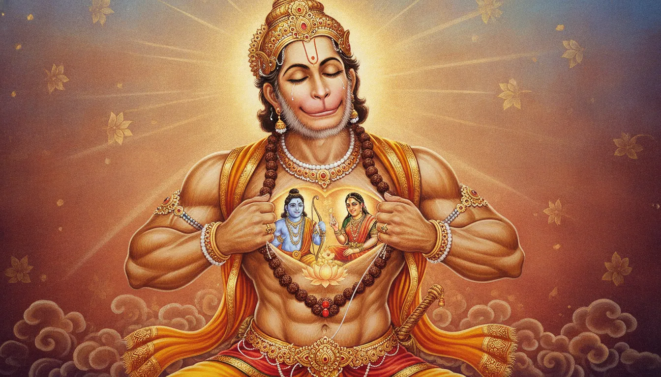 Emotional traditional art of Sri Hanuman tearing his chest open to reveal the images of Rama and Sita inside his heart.