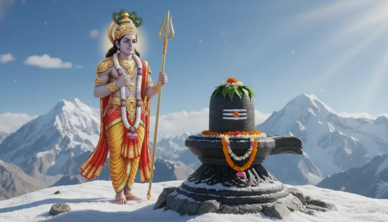 Full HD images of shivling with kartikaye sitting in deep meditation on snowy mountain peak.