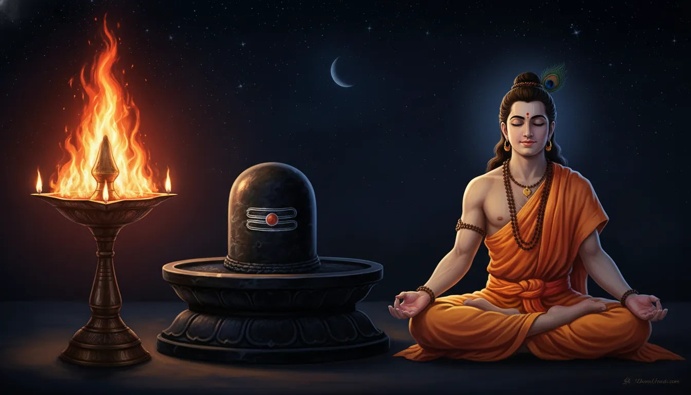 Full HD images of shivling with kartikaye sitting in padmasana yoga pose near a bright eternal flame lamp.