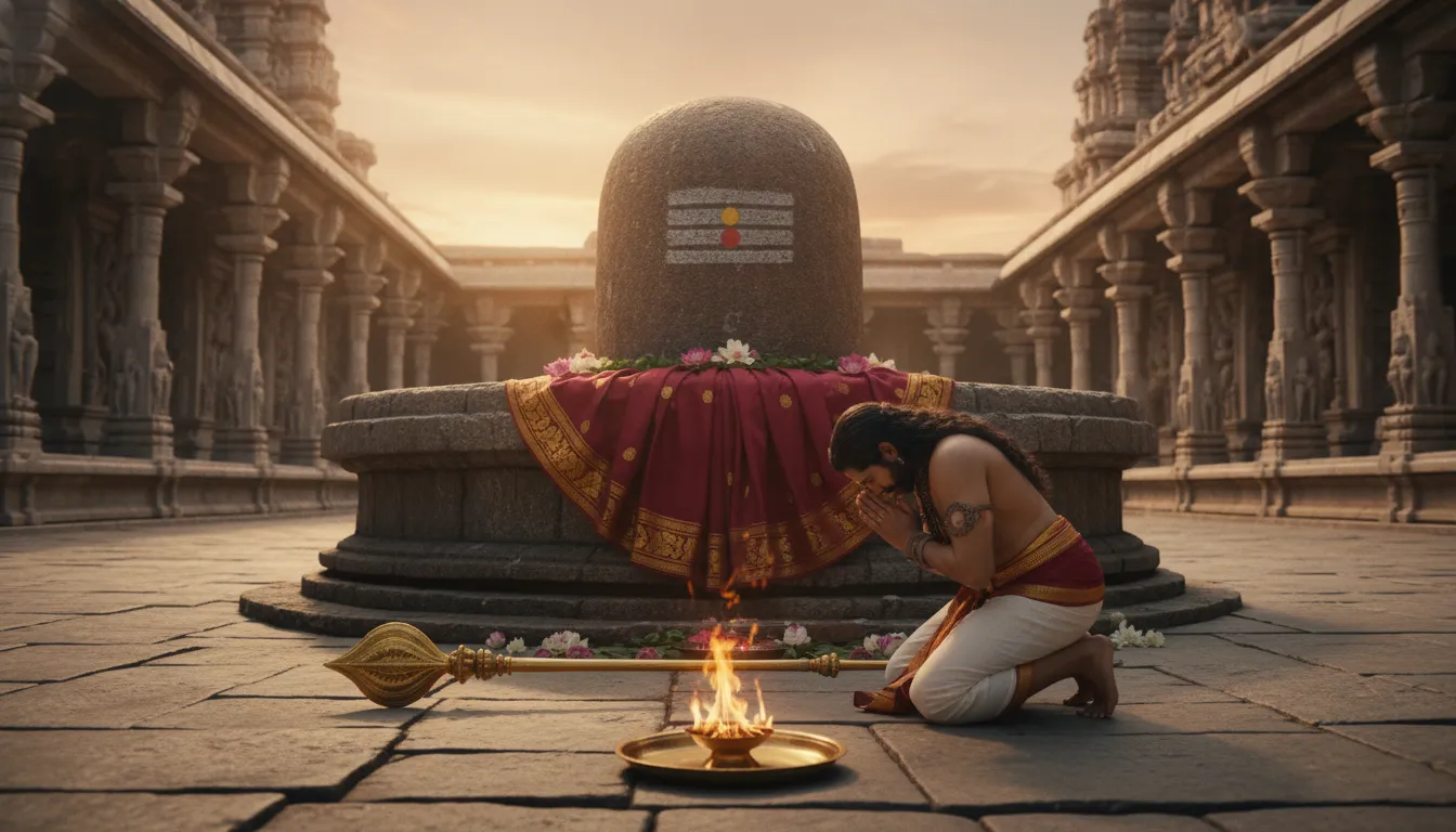 Full HD images of shivling with kartikaye offering gratitude after victory by bowing before the altar.