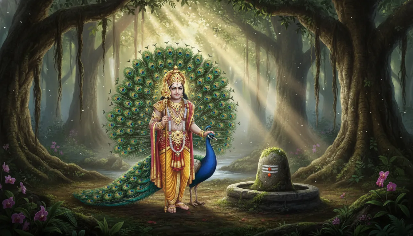 Full HD images of shivling with kartikaye and his royal peacock vahana standing guard inside a sacred forest grove.