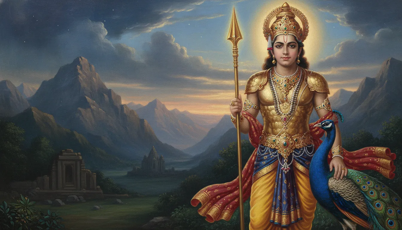 Warrior deity Lord Kartikeya holding his sacred Vel spear proudly