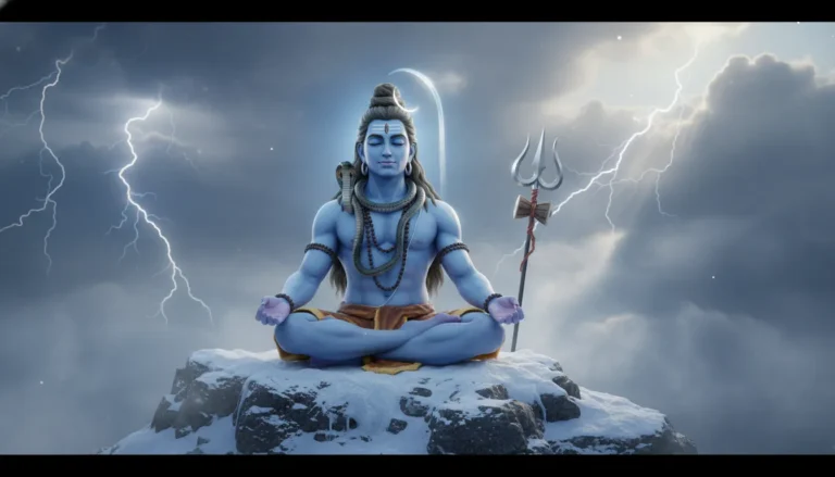Mahadev hd wallpaper 3d showing Lord Shiva meditating peacefully on Mount Kailash surrounded by snow-covered peaks and a glowing aura.