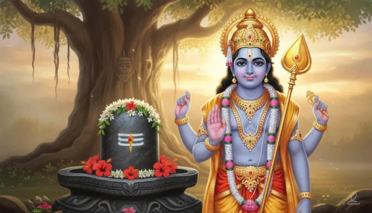 Full HD image of Lord Murugan standing majestically with his Vel beside a glowing stone Shivling under a sacred banyan tree.