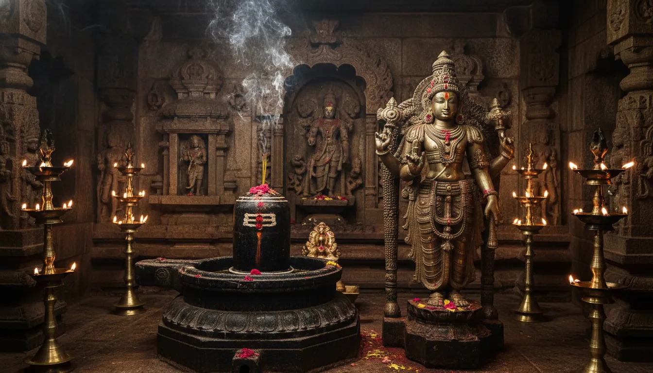 Full HD photograph style image of Lord Murugan idol next to a traditional stone Shivling inside a historical South Indian temple sanctum.