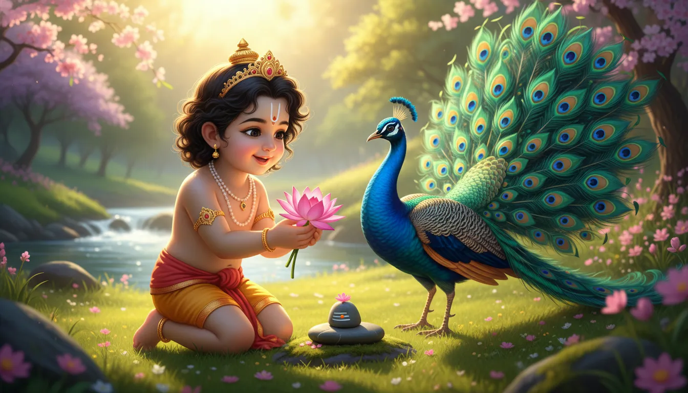 Full HD heartwarming digital art of Bala Murugan playing with a flower near a beautifully decorated Shivling.