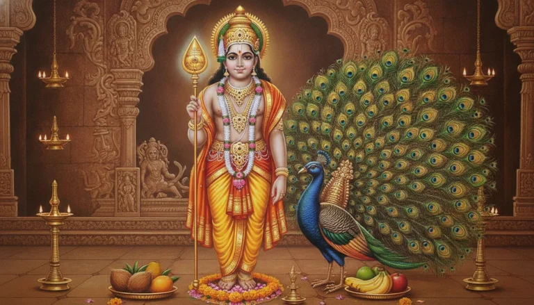 Detailed traditional artwork of Lord Murugan holding his sacred Vel spear standing with his mount the peacock