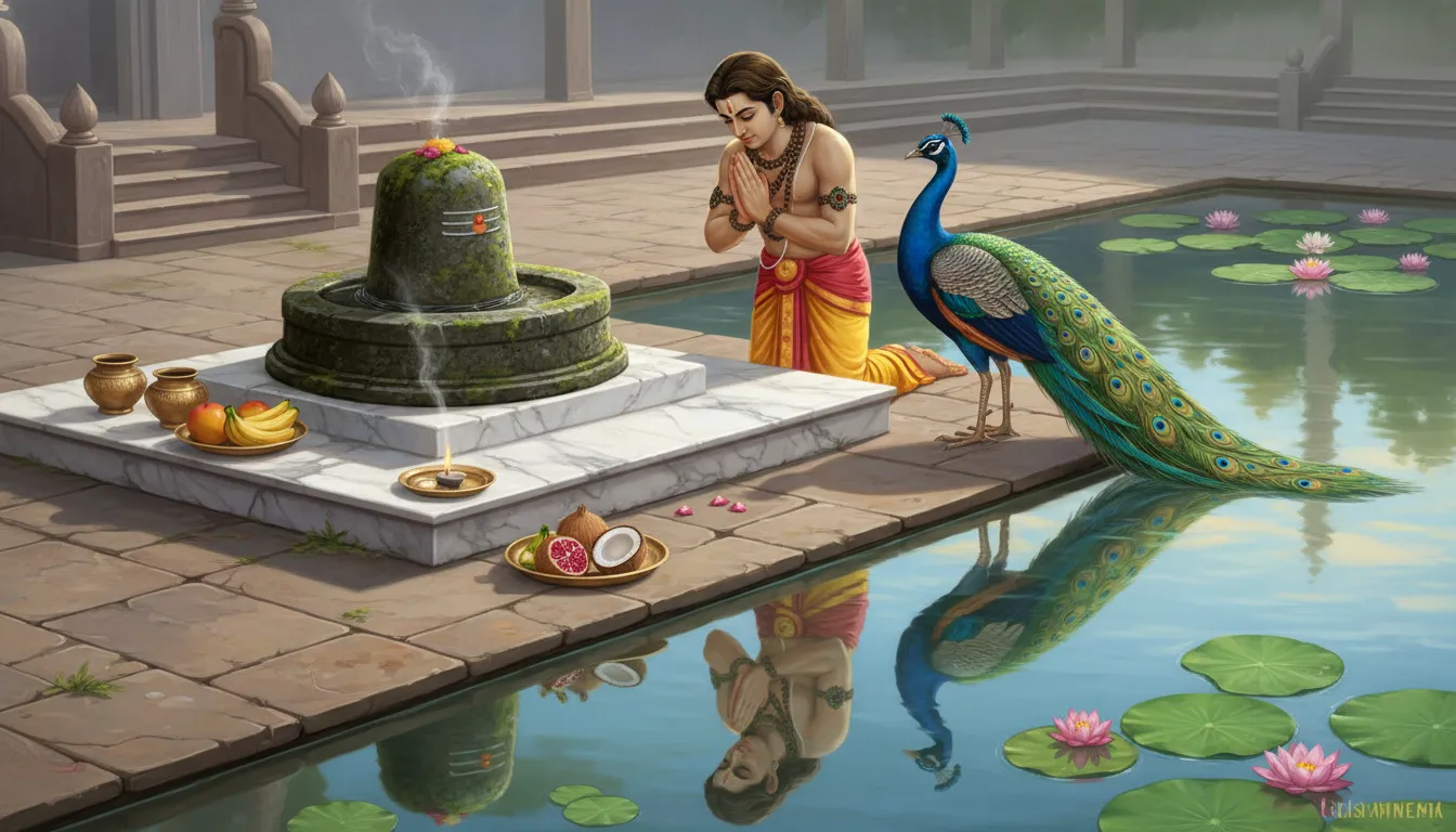 Full HD image of Lord Murugan standing with his peacock vehicle while showing deep reverence to a stone Shivling.