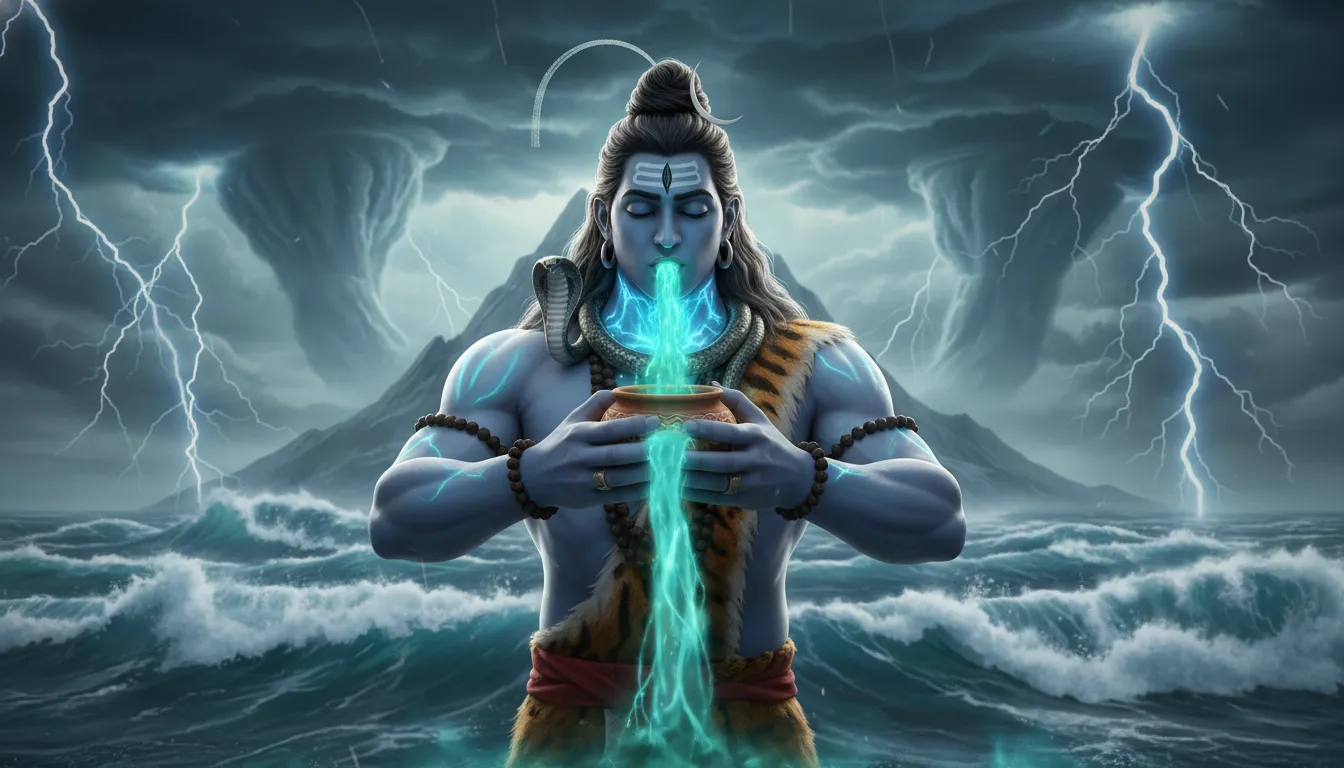 Mahadev hd wallpaper 3d showing Lord Shiva as Neelkant with a glowing blue throat while consuming the mythical Halahala poison.