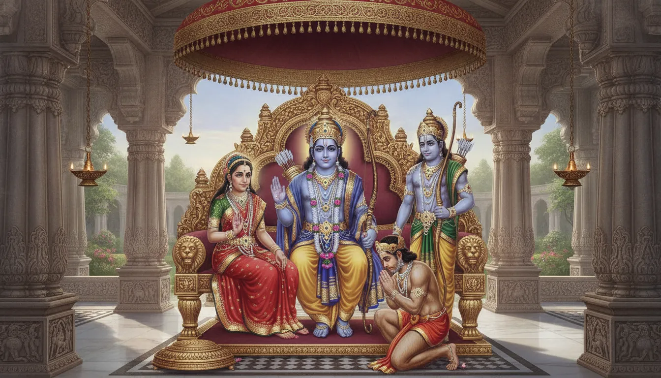 Classical Indian art of Lord Rama darbar with Sita, Lakshmana, and Hanuman bowing in deep devotion.