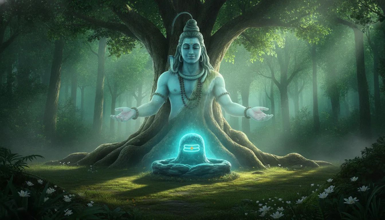 Mystical enchanted forest background with a glowing Shivling and the transparent divine form of Lord Shiva blessing it.