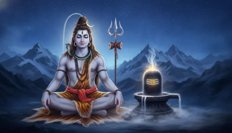 Lord Shiv Shankar meditating peacefully next to a glowing cosmic Shivling in the snow-covered Himalayan peaks.