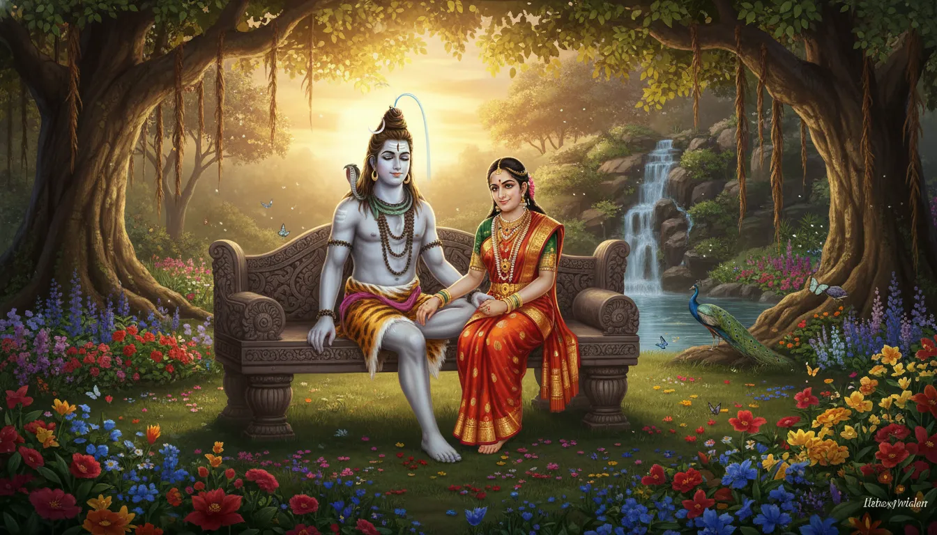 Lord Shiva and Maa Parvati sitting together lovingly on a decorated stone throne in a beautiful garden.