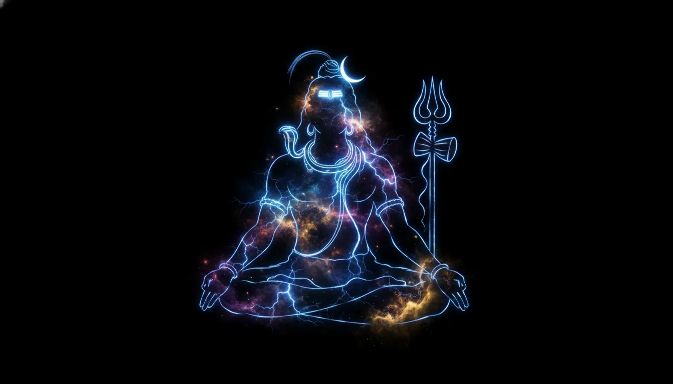 Abstract digital art of Lord Shiva's silhouette filled with lightning patterns and nebulae.