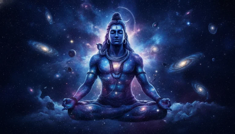 Abstract digital art of Lord Shiva meditating amidst stars and blue galaxies.