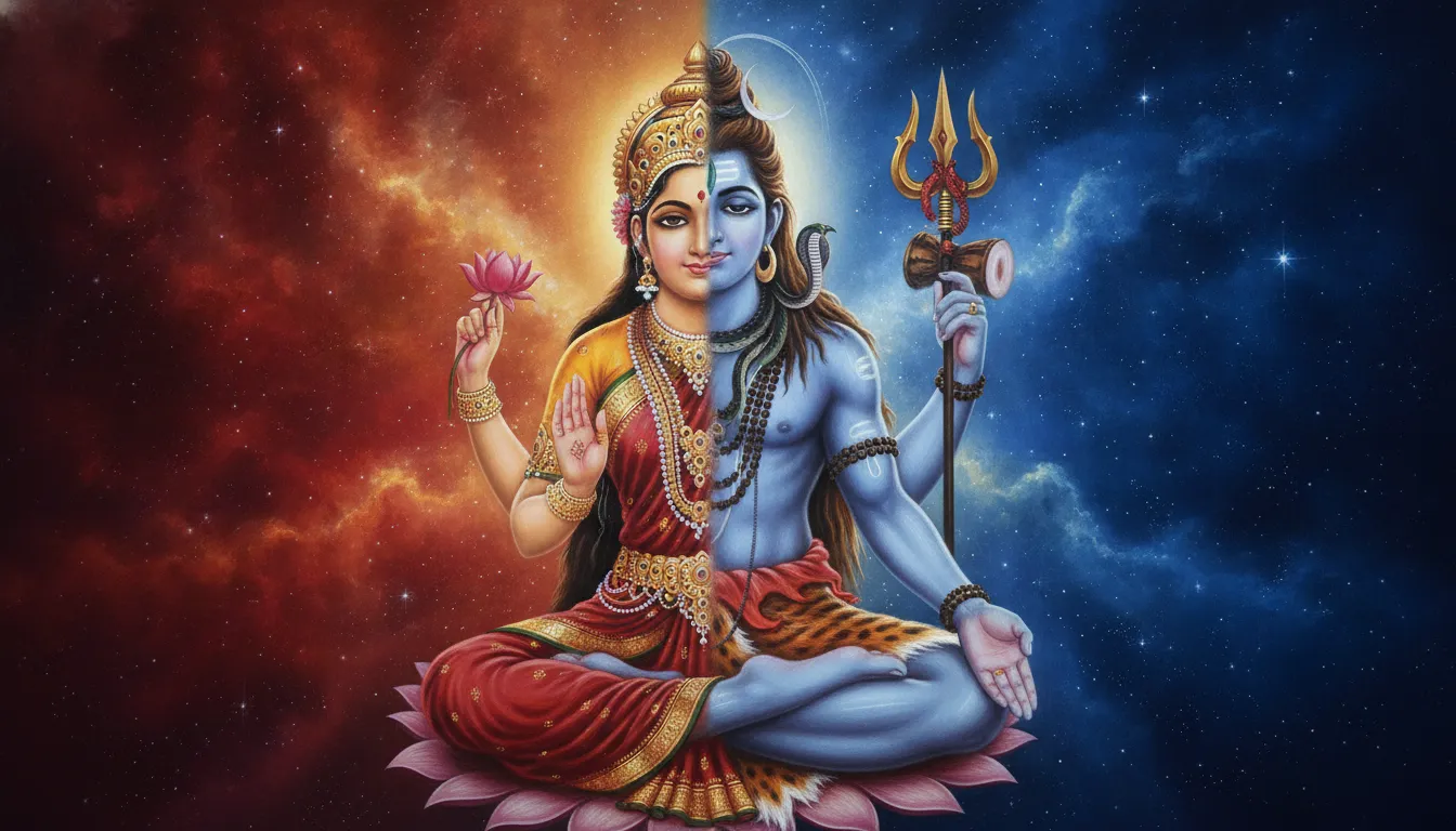 The cosmic form of Lord Shiva as Ardhanarishvara representing half Shiva and half Shakti in space.