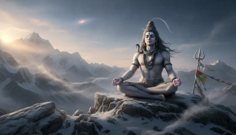 Lord Shiva sitting in a deep meditative posture on a rocky cliff of Mount Kailash, surrounded by snow and mist.