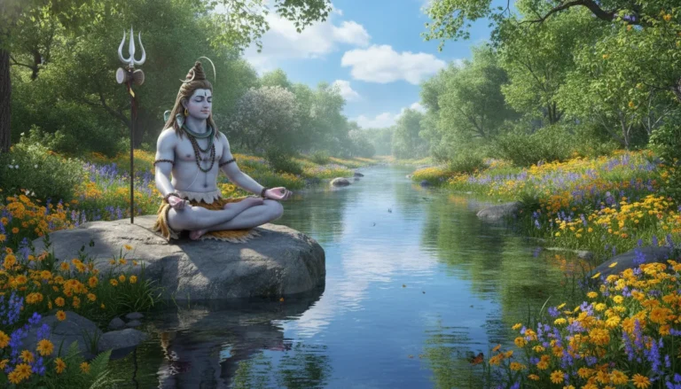 An artistic illustration of Lord Shiva meditating on a rock next to a flowing river surrounded by spring flowers.
