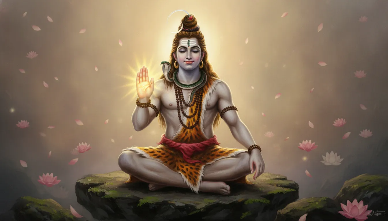 Lord Shiva raising his hand in the protective Abhaya Mudra blessing pose.