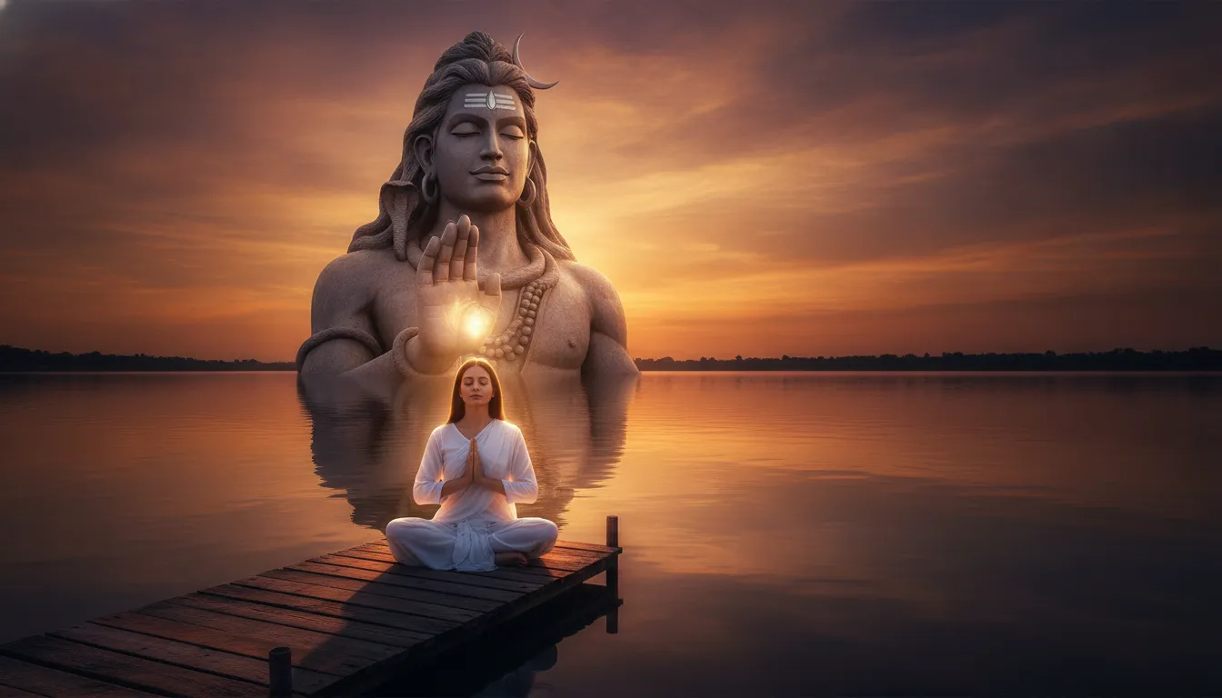 Giant shadow of Lord Shiva blessing a woman devotee next to a calm river during a golden sunset.