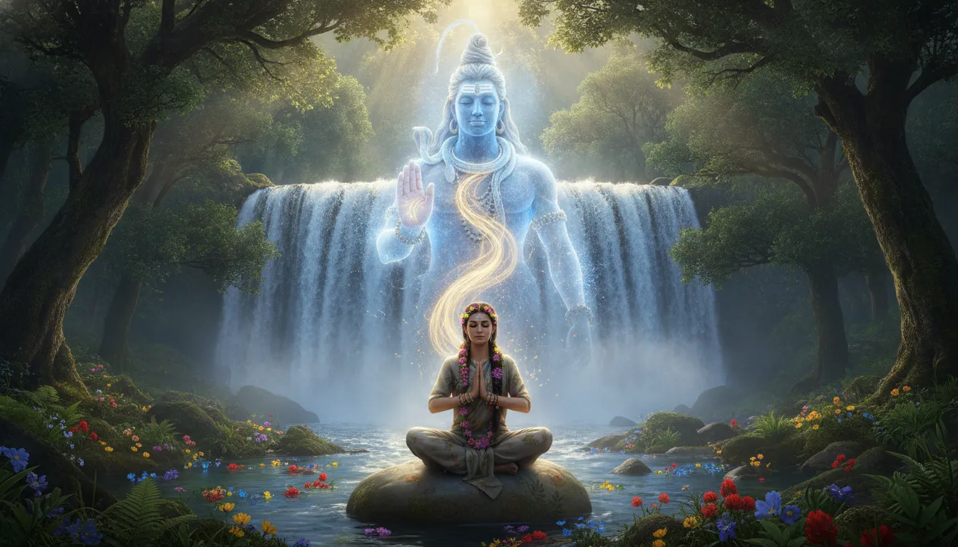 Majestic Lord Shiva appearing from a glowing waterfall to bless a meditating female devotee in a green forest.