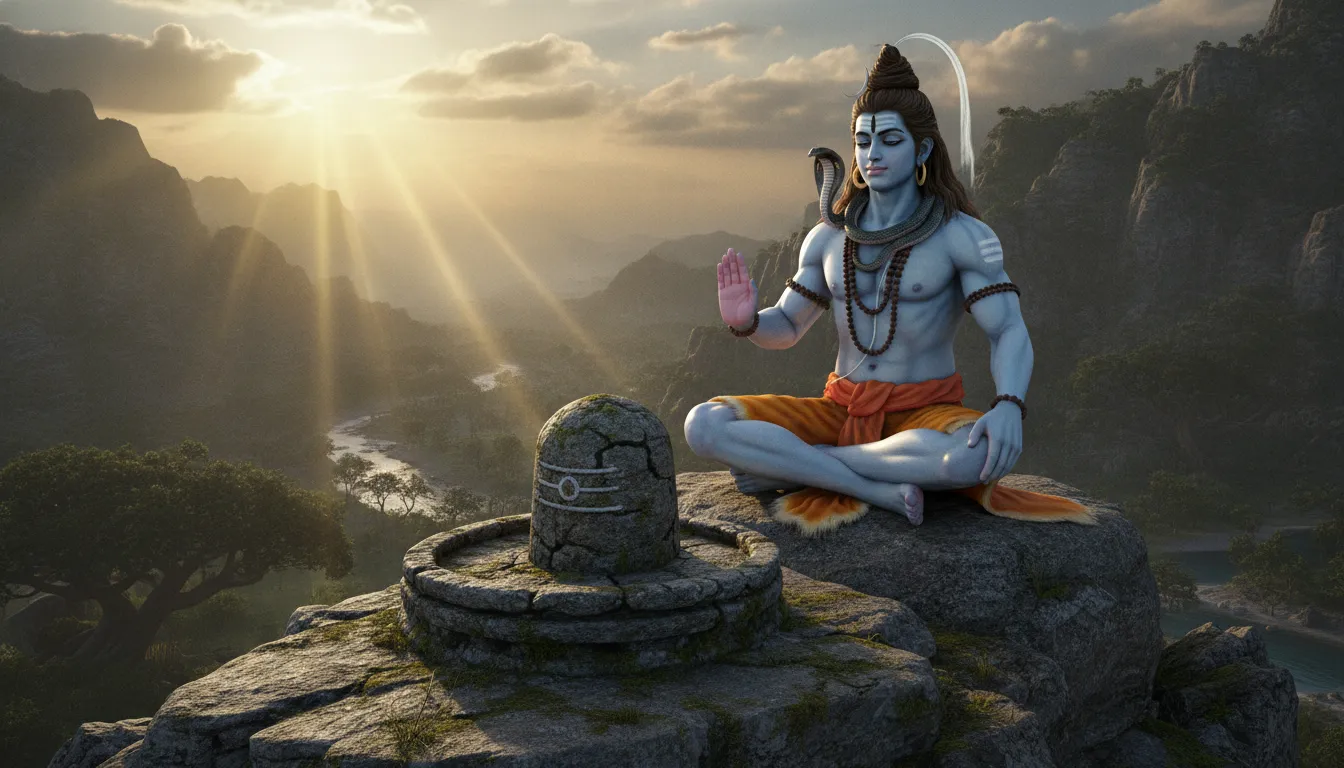 3D artwork of Lord Shiva sitting on a mountain peak, raising his hand to bless a stone Shivling.