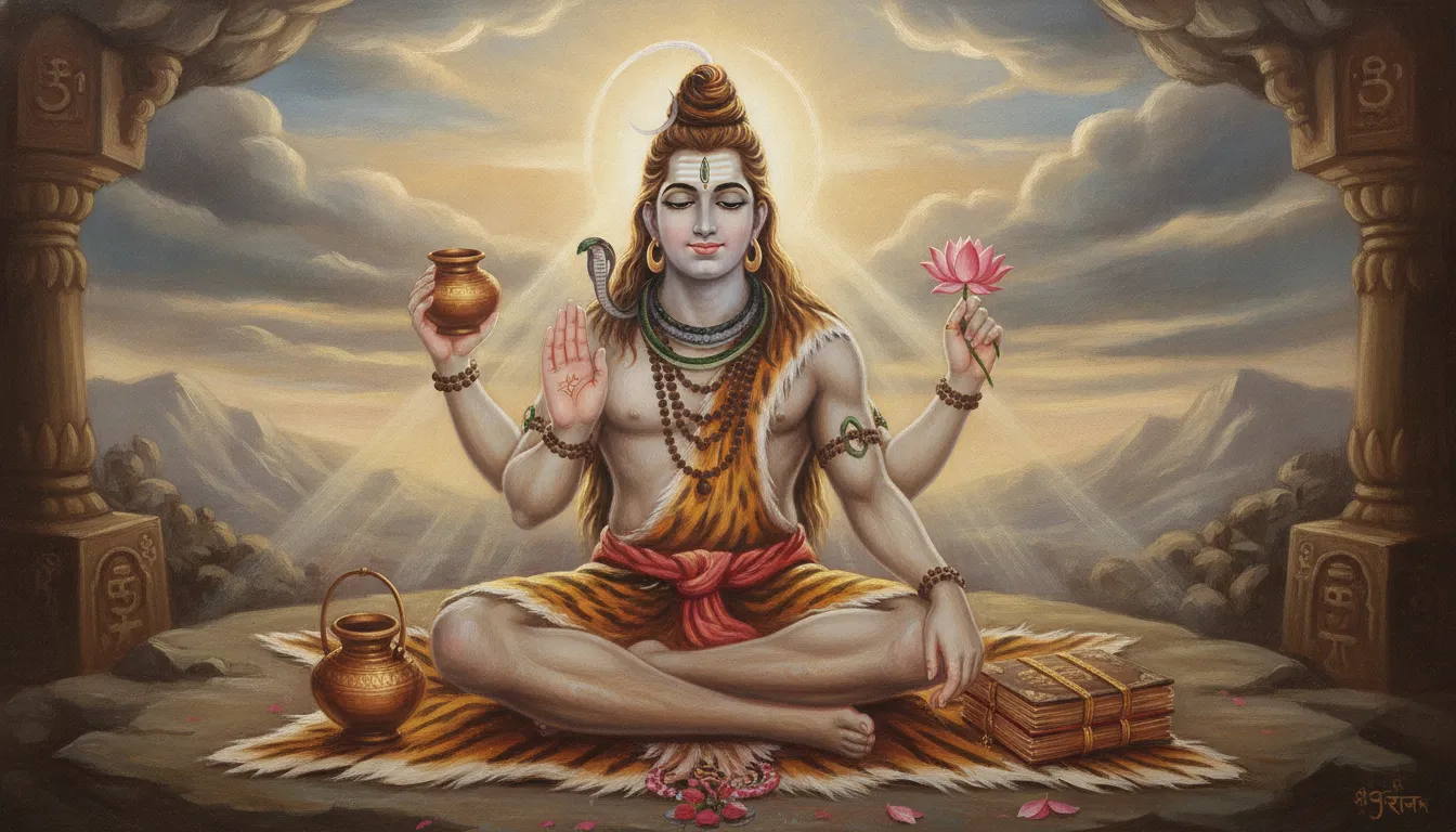 A kind and peaceful illustration of multi-armed Lord Shiva showering blessings.