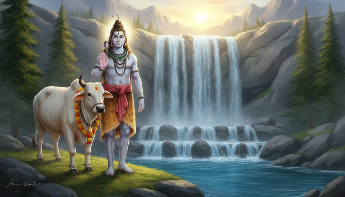 Lord Shiva raising his hand in a blessing gesture while leaning against Nandi near a cascading Himalayan waterfall.