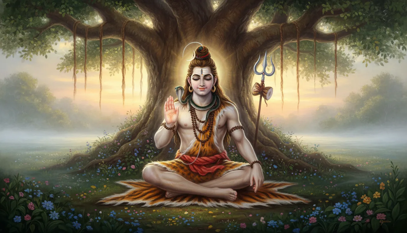 Lord Shiva sitting on a tiger skin holding his hand up in a divine blessing posture.