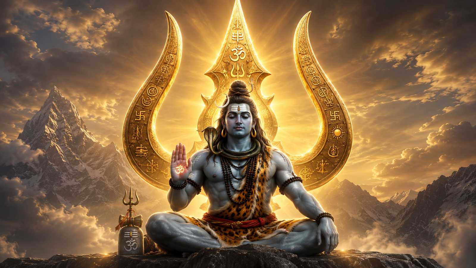 Divine artwork of Lord Shiva offering blessings with a large golden trishul standing behind him.
