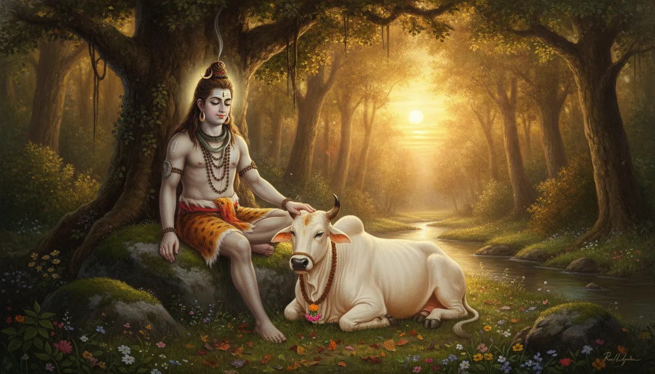 Har har mahadev ki photo of Lord Shiva resting with his loyal vehicle Nandi.
