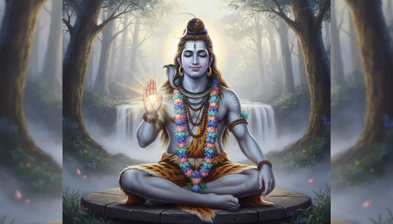 Lord Shiva sitting in a blessing posture with his hand raised in Abhaya Mudra.