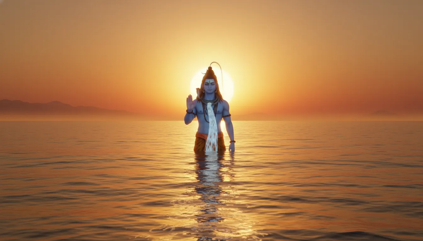 Lord Shiva standing in the sea with his hand raised in a blessing gesture during a golden sunset.