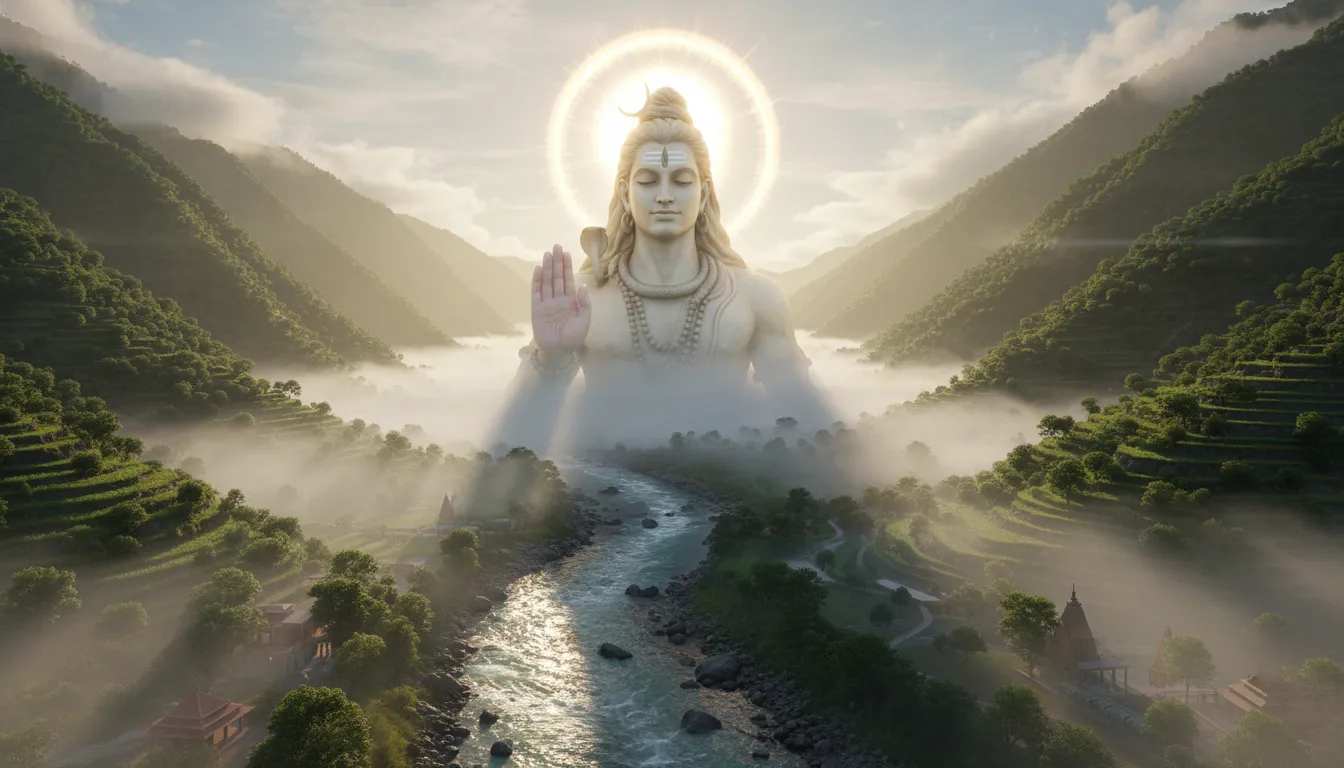 A giant ethereal image of Lord Shiva appearing in the clouds above a mountain river valley blessing the earth.