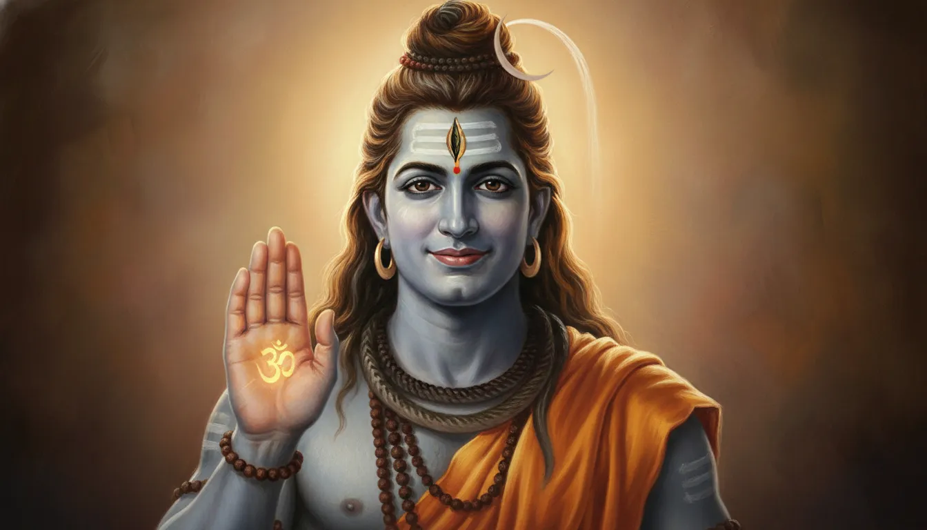 A compassionate painting of Lord Shiva raising his hand in the protective abhaya mudra blessing gesture.