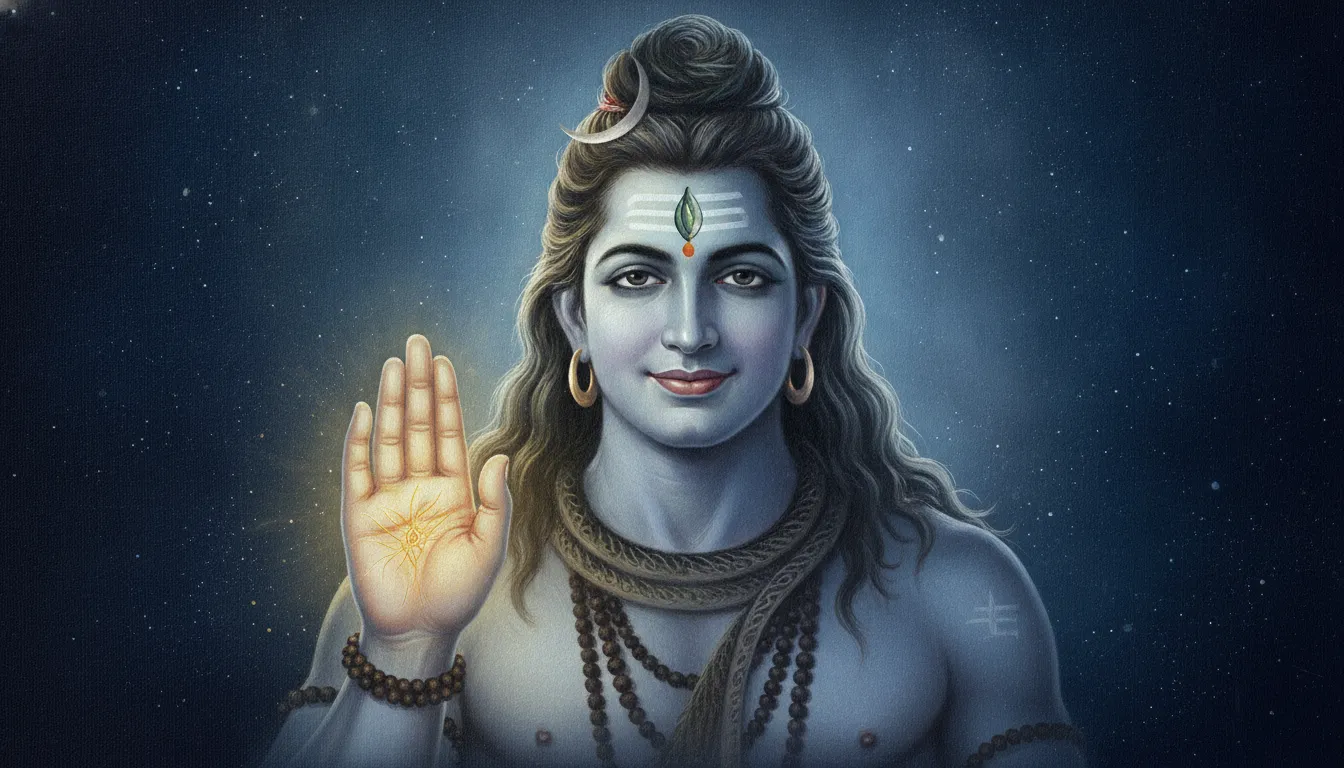 A close-up portrait of Lord Shiva raising his hand in the Abhaya Mudra gesture of protection and blessing.