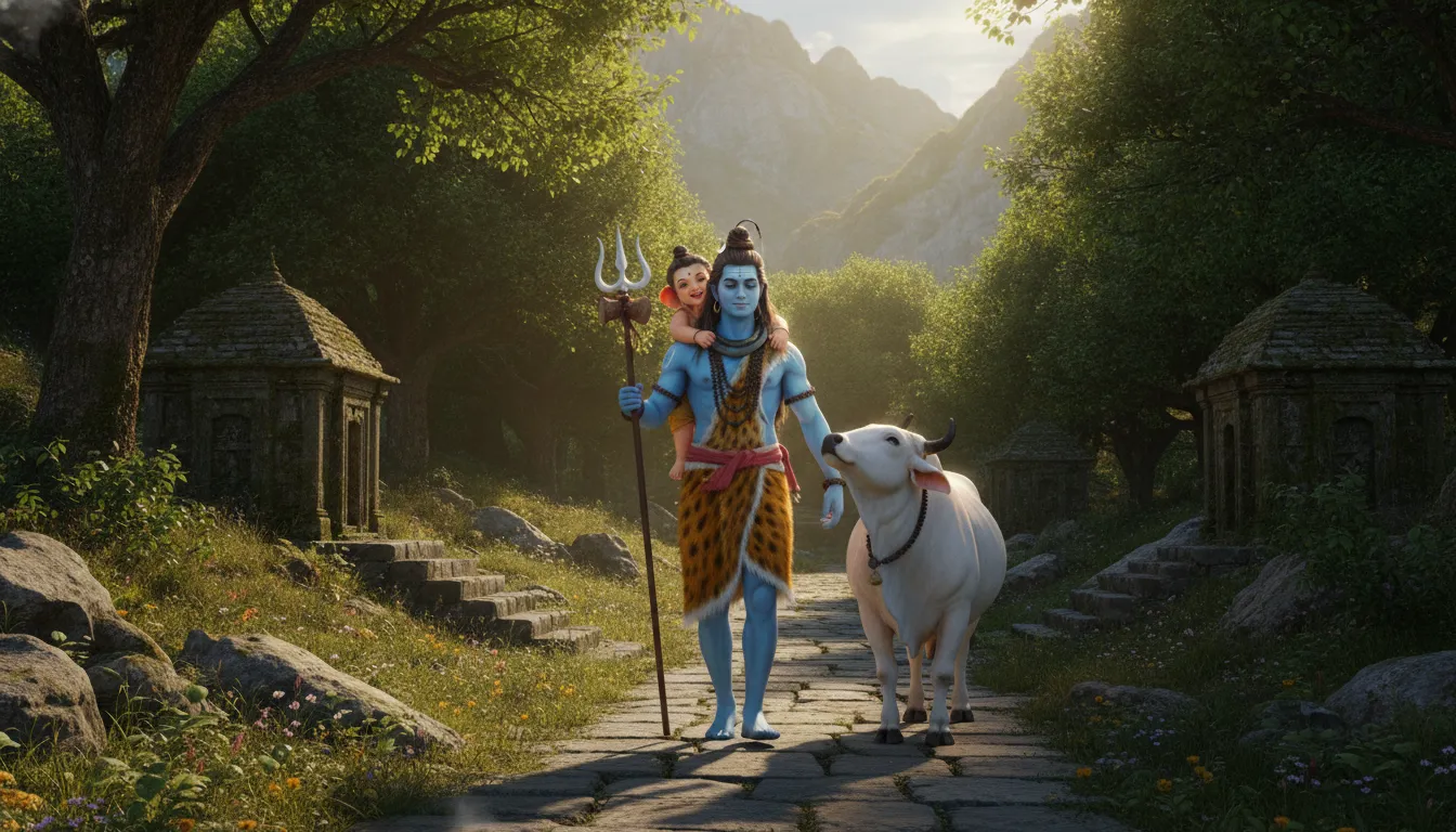 A cheerful painting of Lord Shiva walking through a forest path with baby Ganesha sitting safely on his back.