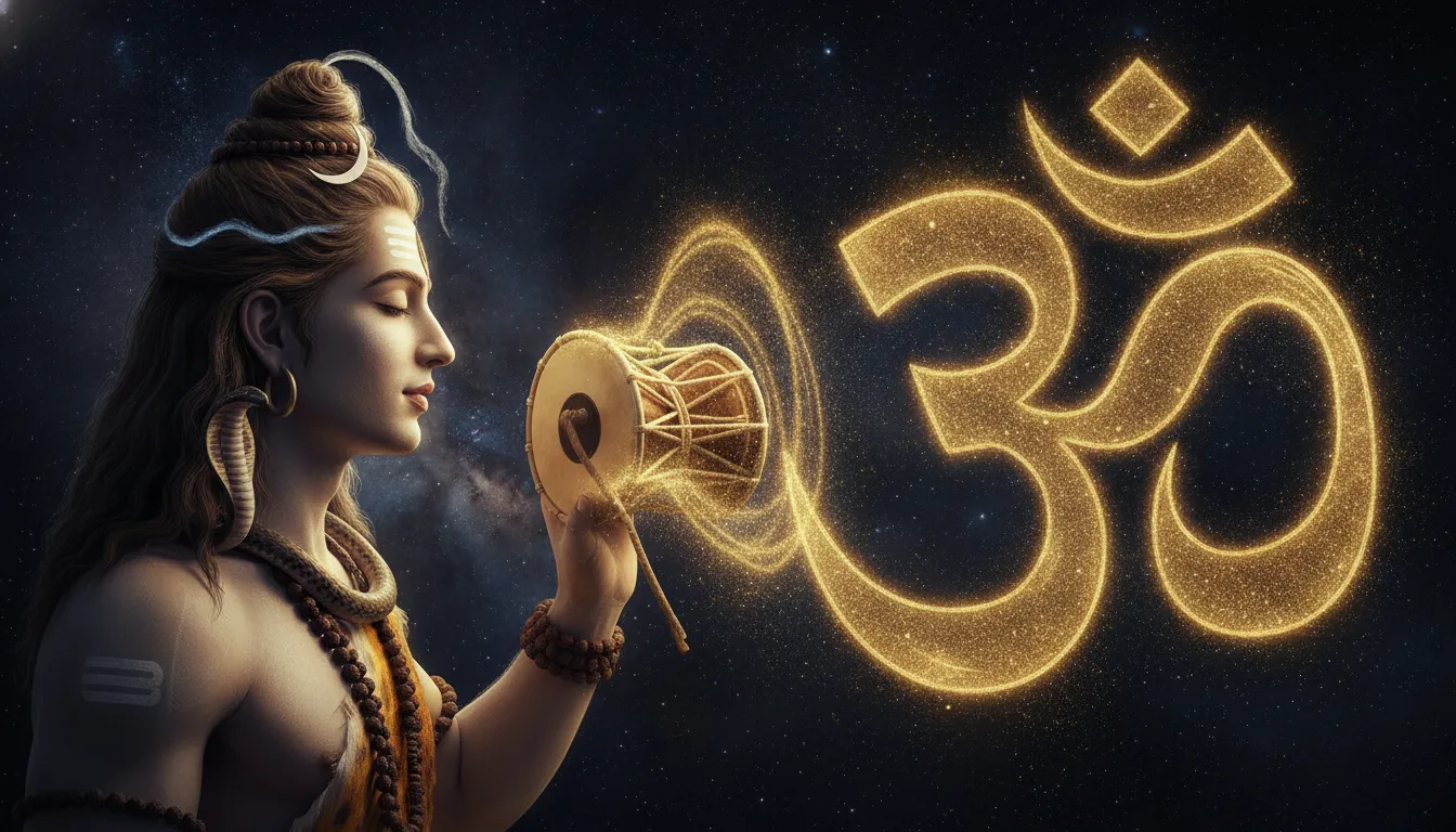 Lord Shiva holding his sacred Damru drum, creating the primordial sound waves of the universe.