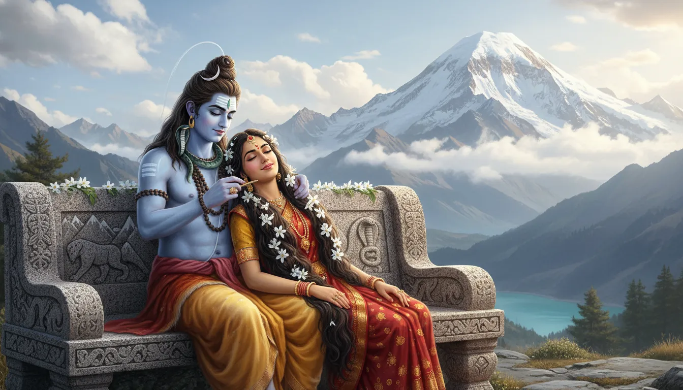 close up of lord shiva combing parvati hair on kailash mountain romantic