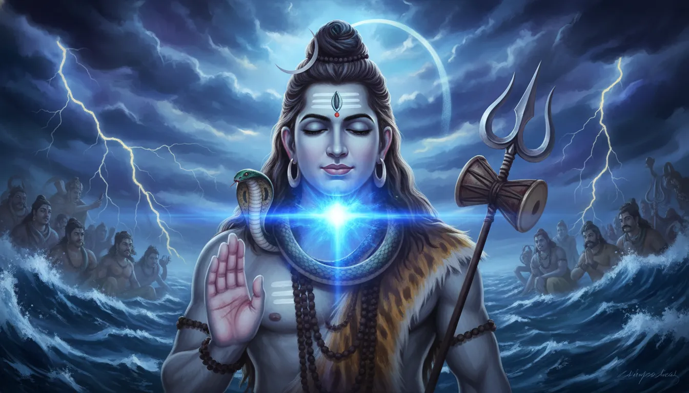 Lord Shiva with a glowing blue throat holding the cosmic poison to save the world.