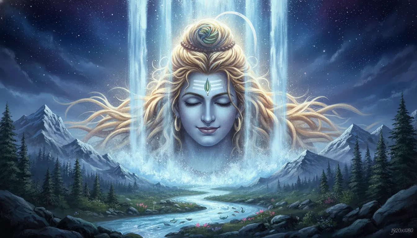 Powerful streams of the river Ganges descending from the sky into the matted locks of Lord Shiva.