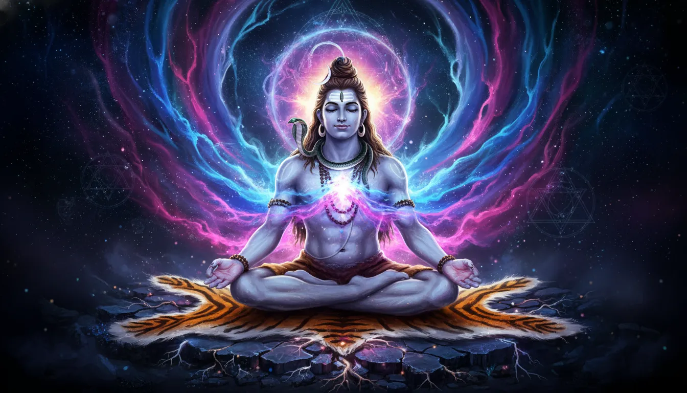 Lord Shiva meditating on a tiger skin with a brilliant blue and purple cosmic energy aura surrounding his body.