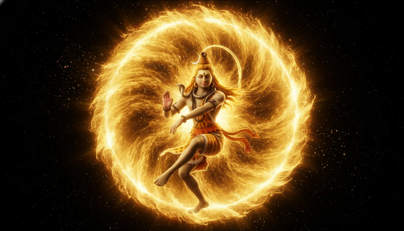 Lord Shiva dancing the Tandava within a bright aura of golden solar flares and sparks.