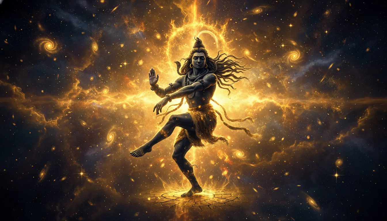 A powerful silhouette of Lord Shiva performing the Tandava surrounded by golden divine energy sparks.
