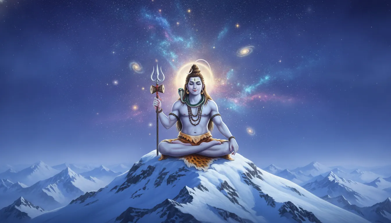 Lord Shiva meditating deeply on a snow-covered Himalayan peak under a cosmic starry sky.